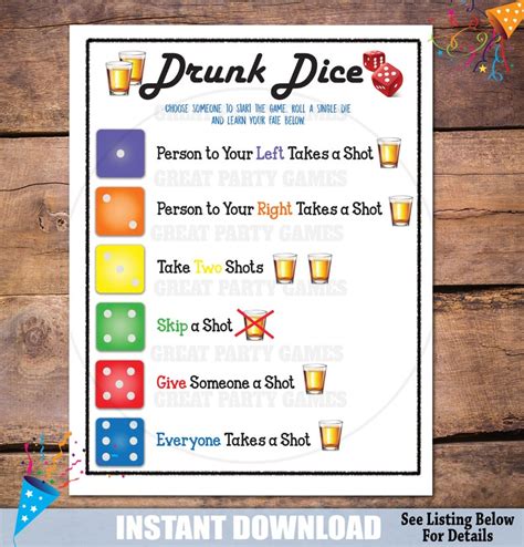 Drunk Dice Party Game Printable Party Game Birthday Party Etsy