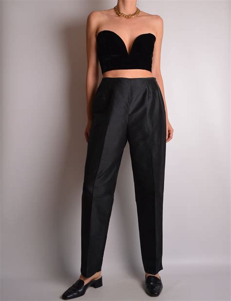 Vintage Black Silk Trousers High Waist 28w