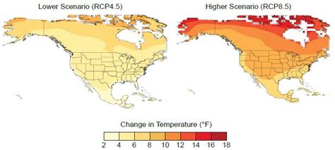 Projected temperature change for North America by the last three