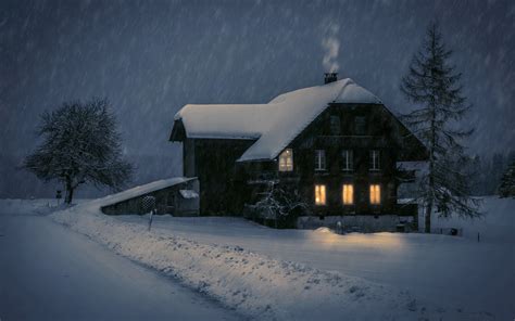 Wallpaper Wood House Lights Snow Winter Night