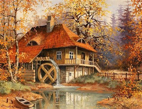 Old Mill In Autumn Autumn Cottage Creek Forest House Lake Hd