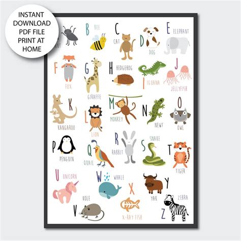 Animal Alphabet Print Printable Pdf Print At Home Nursery Etsy