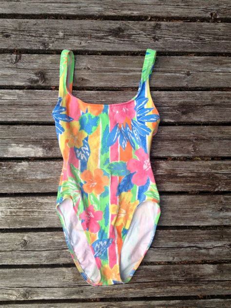 Vintage 80s Neon Swim Suit 1980s Tropical Floral Etsy Swimsuits