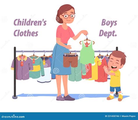 Mother And Son Kid Choosing Clothes On Shop Stock Vector Illustration