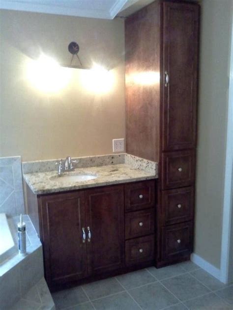 Get all of your bathroom supplies organized and stored with a new bathroom cabinet. Bathroom Vanity With Linen Cabinet