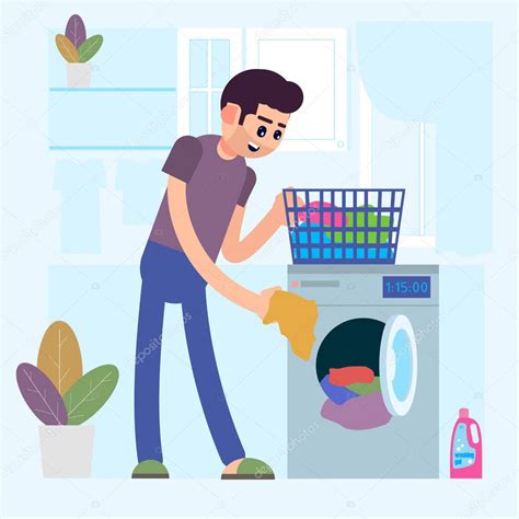 Un hombre está lavando ropa Cargando la lavadora con ropa sucia
