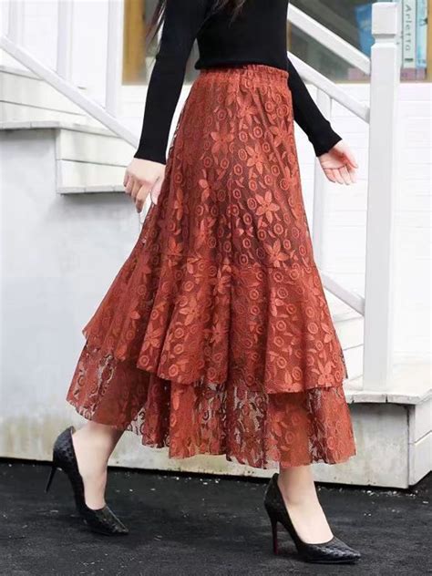 women elegant lace layered pleated elastic waist maxi summer skirts ruffle skirt pleated skirt