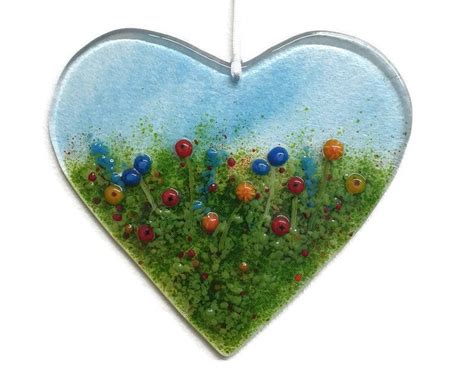 Glass Wild Flower Meadow Heart Fused Glass Floral Etsy Uk