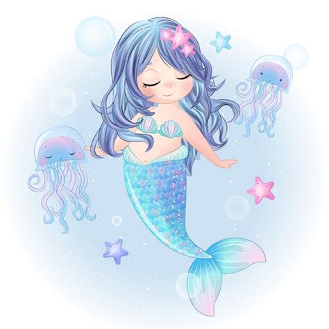 Hand Drawn Cute Mermaid Character Premium Vector