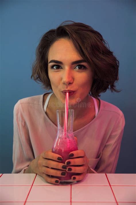 Close Up Of A Pretty Young Girl Drinking Smoothie Stock Image Image Of Cafe Female 96303815