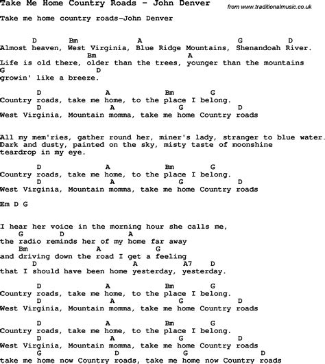 Song Take Me Home Country Roads By John Denver With Lyrics For Vocal