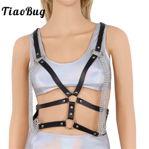 tiaobug fashion women punk faux leather chest harness hot sexy chain bondage waist belt gothic