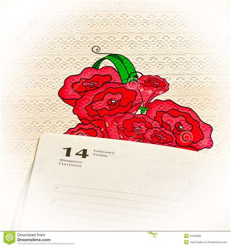 Page Diary For February 14 On A Romantic Lace Background Stock Image