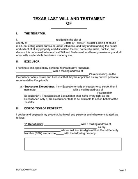 Free Texas Last Will And Testament Form Pdf Word Odt