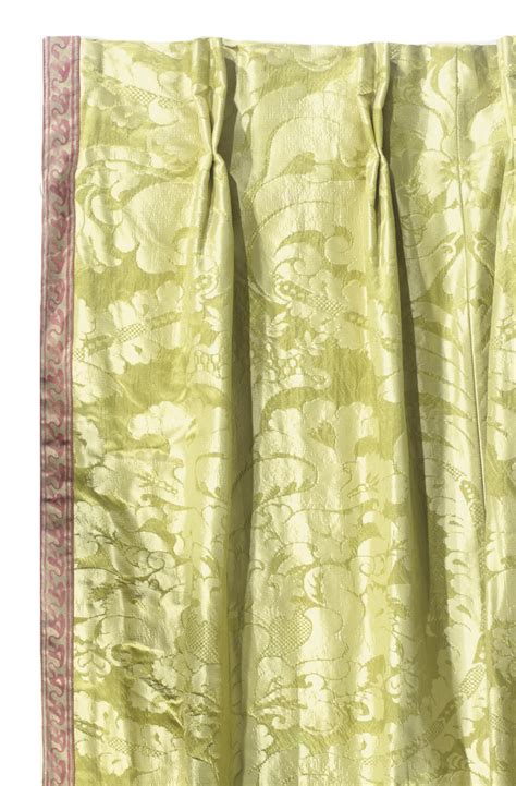 A Pair Of Lime Green Silk Damask Curtain Panels Late 20th Century