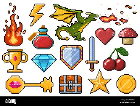 Pixel Game Elements Games Ui Magic Items Fire Trophy Coin Dragon