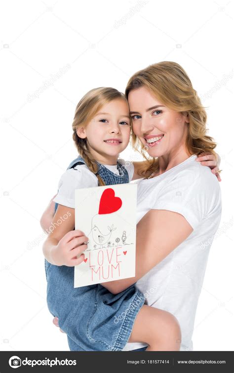 Mom Daughter Greeting Card Mothers Day Isolated White Stock Photo By