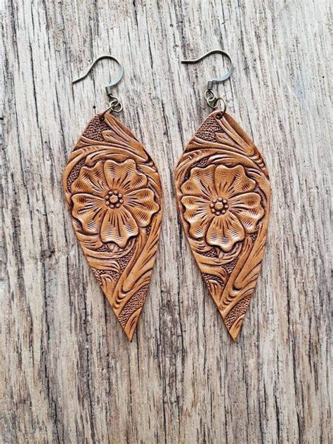 Leather Earrings With Tooled Sheridan Style Flower Etsy Leather