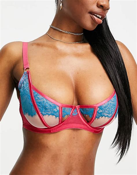 Wolf And Whistle Fuller Bust Contrast Lace Bra With Cut Out In Pink And Turquoise Asos
