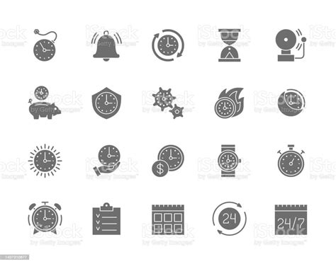 Set Of Time Management Grey Icons Calendar Schedule Checklist Timer And