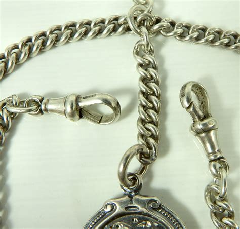 Antique Silver Double Albert Pocket Watch Guard Chain With Silver Medal