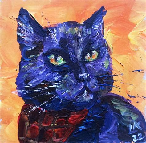 Original Painting Black Cat Portrait 5x5 Modern Impressionism Signed