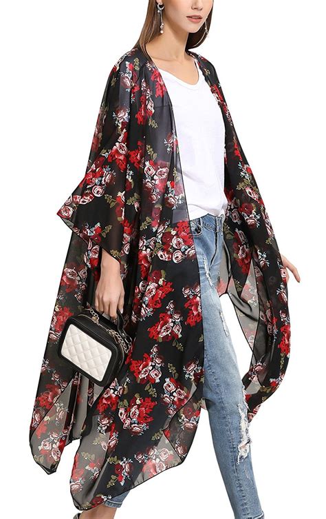 Hibluco Women S Sheer Chiffon Floral Kimono Cardigan Long Blouse Loose Tops Outwear At Amazon