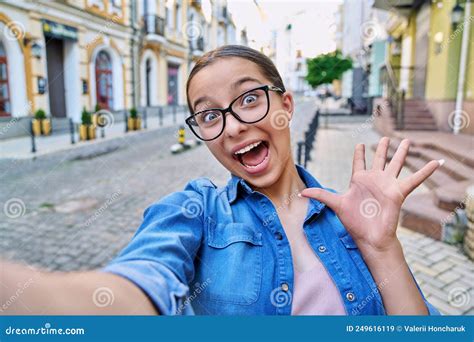 Selfie Portrait Of Beautiful Cheerful Teenage Girl Outdoor On City Street Stock Image Image