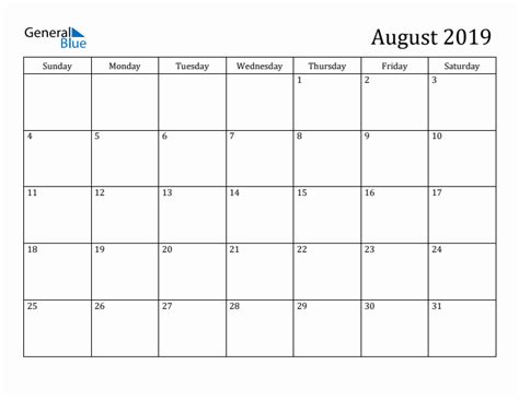 August 2019 Monthly Calendar Pdf Word Excel