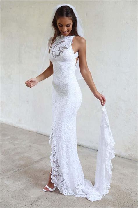 A backless wedding dress is a great choice for a bold bride. White High Neckline Lace Backless Mermaid Wedding Dresses ...