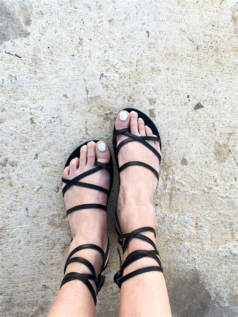 Black Ankle Wrap Up Leather Women Sandals Boho Gladietor Sandals Bohemian Chic Sandals Black