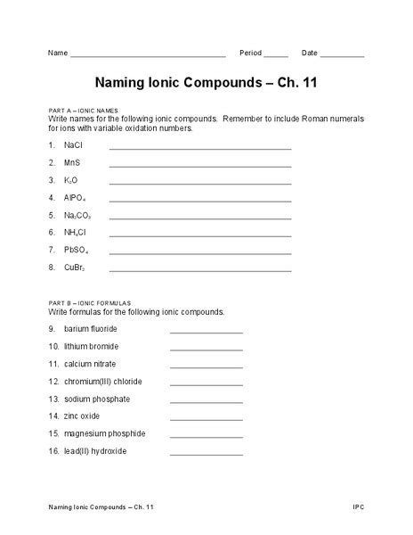 Naming Ionic Compounds Worksheet For 9th 12th Grade Lesson Planet