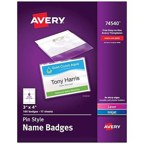 Avery Pin Style Laserinkjet Name Badge Kit 3 X 4 Clear Holders