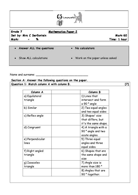 Grade 7 Mathematics Test Paper 2 Term 2 • Teacha