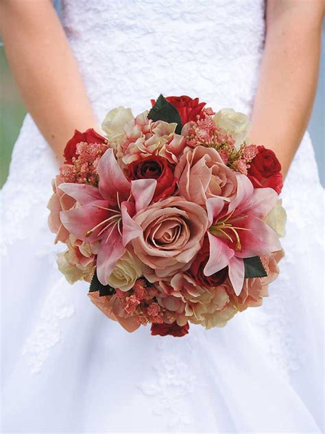 Brides Pink Silk Tiger Lily Gyp Ivory And Wine Rose Wedding Bouquet