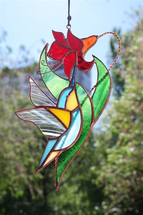 Stained Glass Hummingbird Pattern Pdf Dird On Flower Pattern Etsy