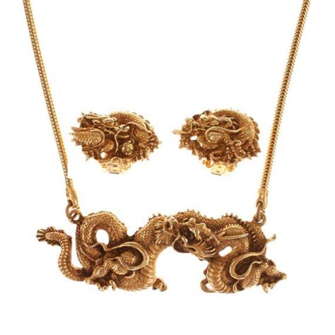 Vintage Gold Dragon Alva Museum Replicas Necklace And Earrings Etsy