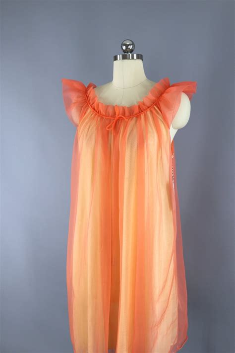 1960s Vintage Orange Chiffon Nightie Nightgown