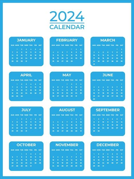 Blauer kalender 2024 mit wöchentlichem start am sonntag Premium Vektor