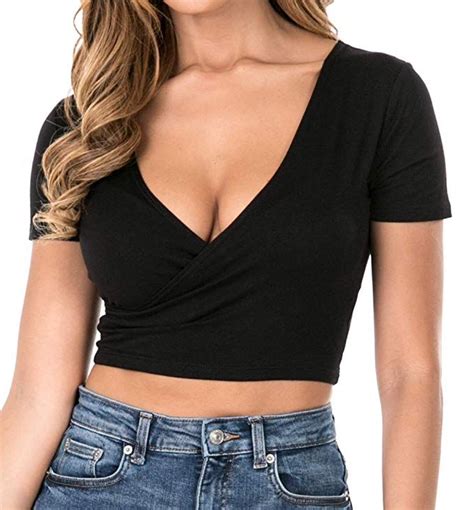 Iliad USA Womens Deep V Neck Short Sleeve Fitted Surplice Wrap Crop Top