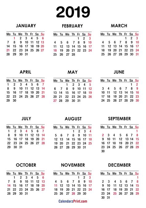2019 Calendar Printable Free Usa Holidays White Monday Start