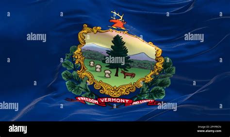 The Vermont State Flag Fluttering In The Wind Coat Of Arms And Motto