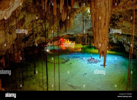 Mexican Cenote Called Tak Be Ha Showing The Underground River The