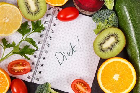 Word Diet Written In Notepad And Fruits With Vegetables Healthy