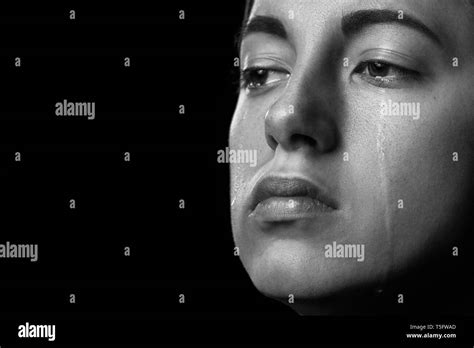 Sad Woman Crying On Black Background Closeup Portrait Monochrome