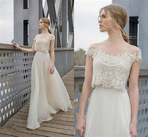 Romantic Two Piece Boho Wedding Dresses Lace Appliques 2016 Bodice Illusion Chiffon A Line