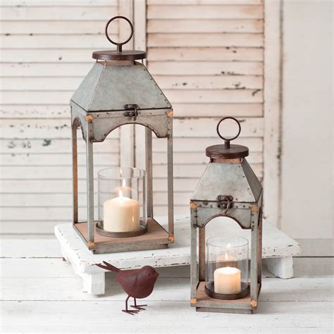 Set Of Two Galvanized Candle Lanterns With Wood Base