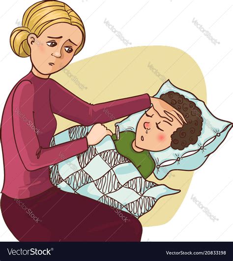 mother worries about her ill son who stays in bed vector image
