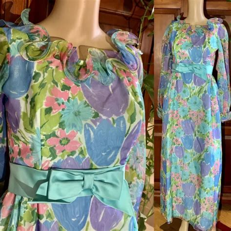 vtg 60 s 70s floral ruffle psychedelic hostess dress maxi long gown blue xs s 49 99 picclick