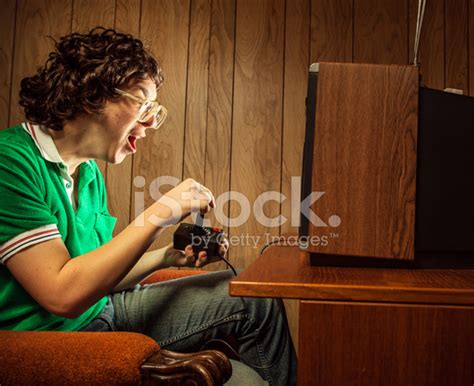 Gamer Nerd Playing Video Games On Tv Stock Photo Royalty Free